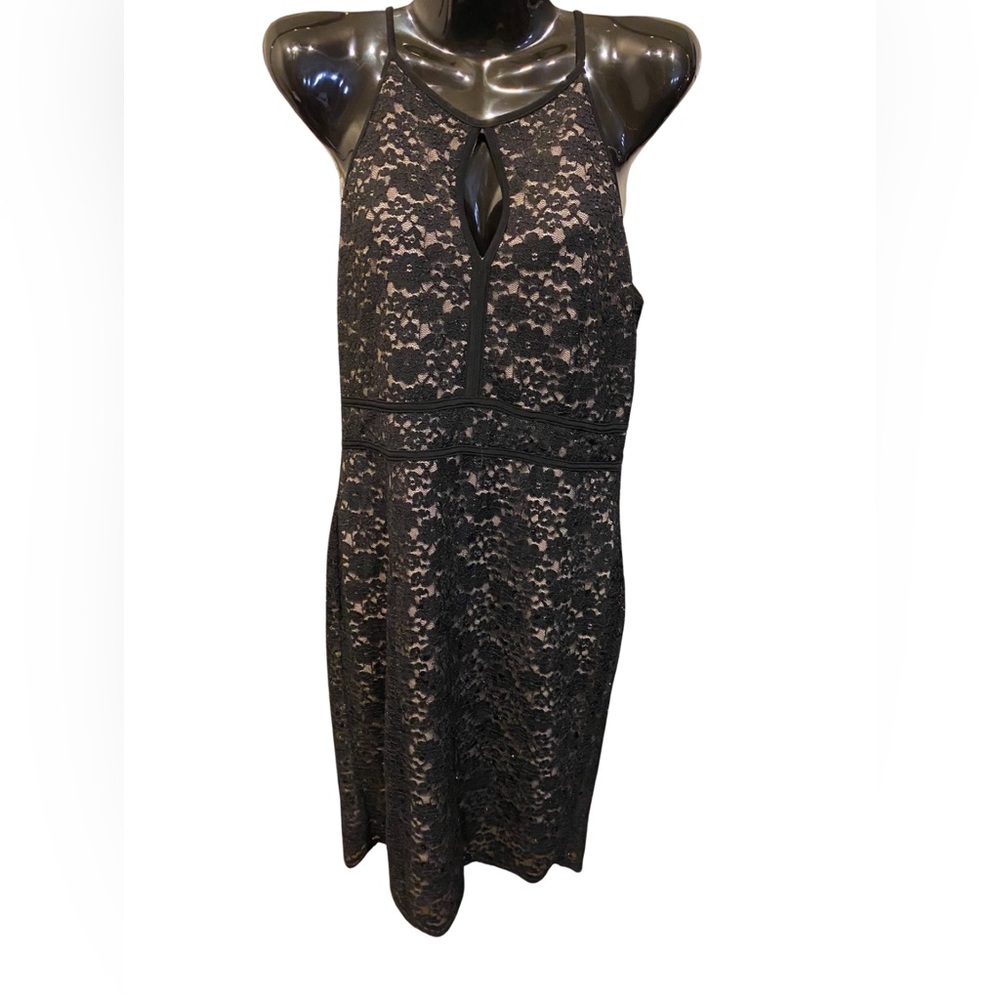 R&M Richards Sz 12 Black Eyelet Flower Design Spaghetti Strap Cocktail Dress